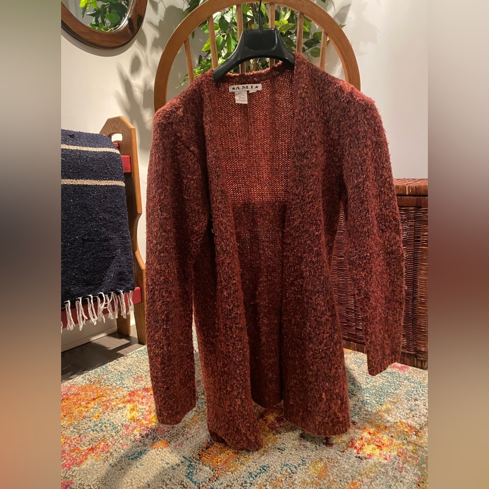 Ami Brown Cardigan Sweater Plush Open-Front